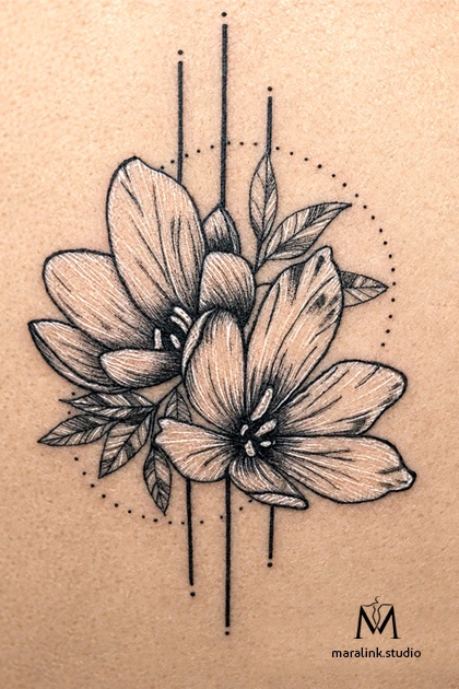 Fine line floral tattoo — body tattoo by Maral at Maralink Studio, Richmond Hill