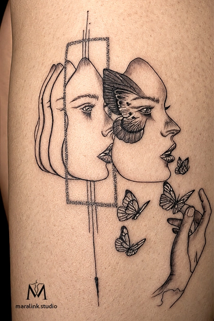 Butterfly profiles geometric tattoo — body tattoo by Maral at Maralink Studio, Richmond Hill