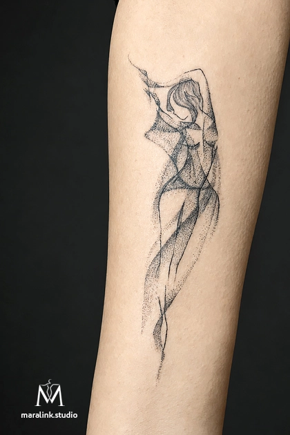 Fine line figure tattoo — body tattoo by Maral at Maralink Studio, Richmond Hill