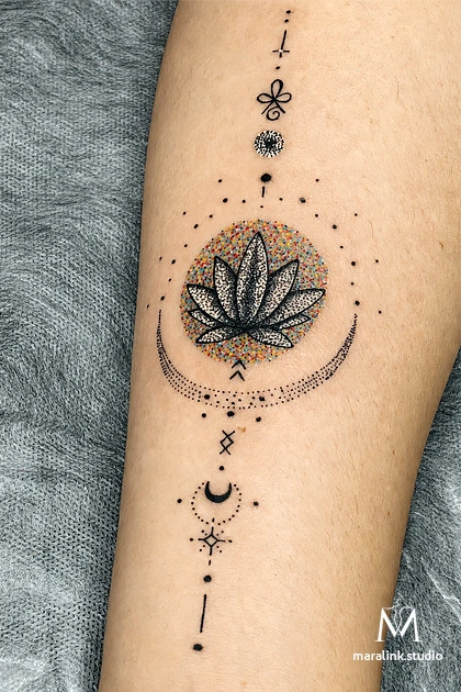 Fine line lotus & celestial tattoo — body tattoo by Maral at Maralink Studio, Richmond Hill