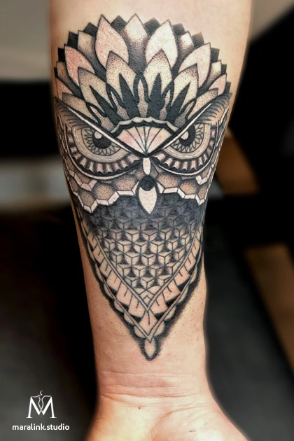 Geometric dotwork owl — body tattoo by Maral at Maralink Studio, Richmond Hill
