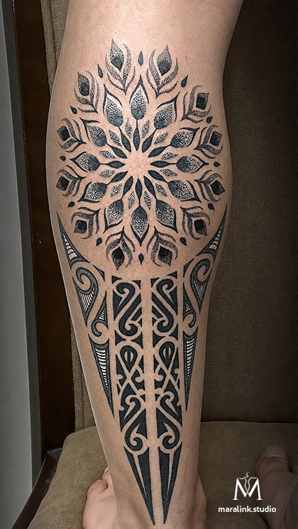 Geometric mandala & tribal calf tattoo — body tattoo by Maral at Maralink Studio, Richmond Hill
