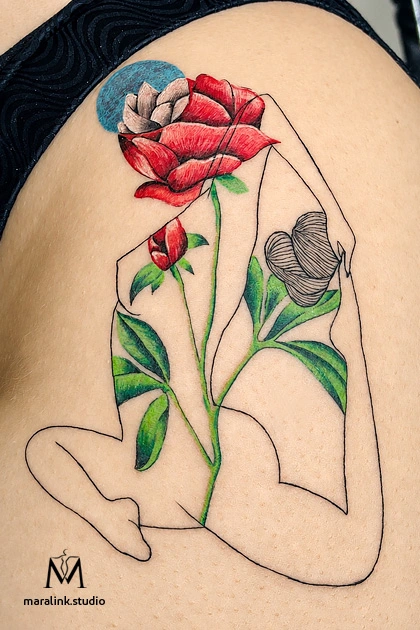 Watercolor rose silhouette tattoo — body tattoo by Maral at Maralink Studio, Richmond Hill