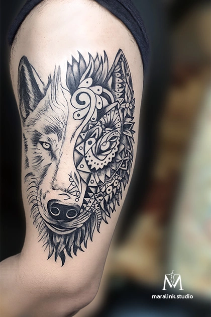 Wolf & mandala — body tattoo by Maral at Maralink Studio, Richmond Hill